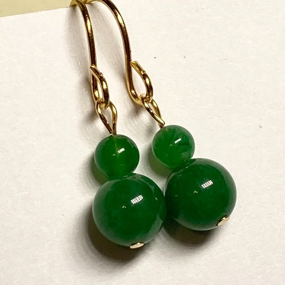 Green Jade Stone Earrings Gold Plated Dangle Round Bead Malaysian Dark 4-6mm - Picture 5 of 8